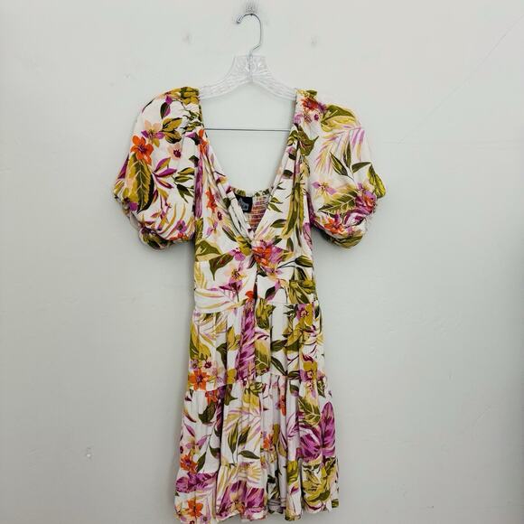 Angie V Neck Puff Sleeve Tropical Print Dress Women’s Size L - Picture 1 of 6